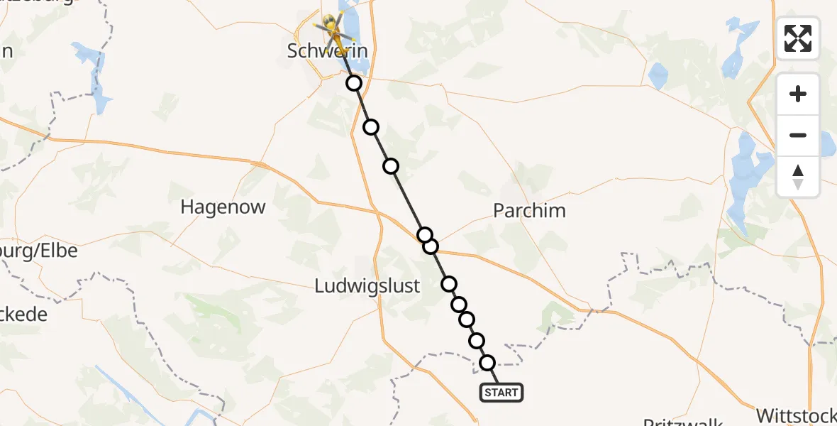 Flugroute Rettungshubschrauber Karstädt - Schwerin, 25 Juli 2026, 09:11