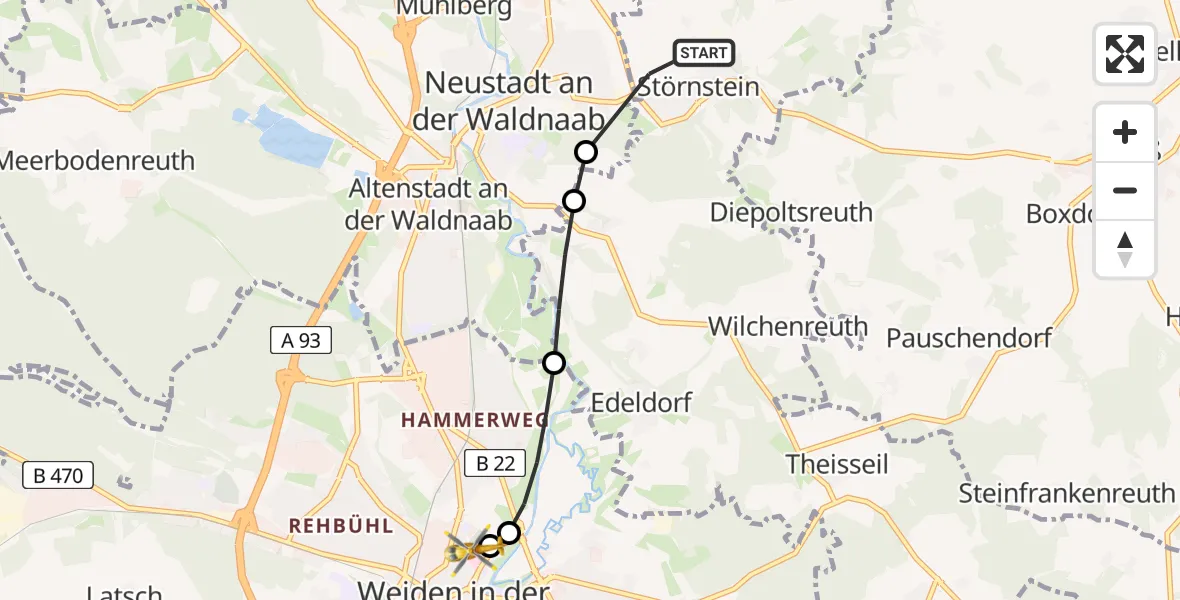 Flugroute Ambulanzhubschrauber Störnstein - Weiden Hospital, 25 Juli 2026, 09:12