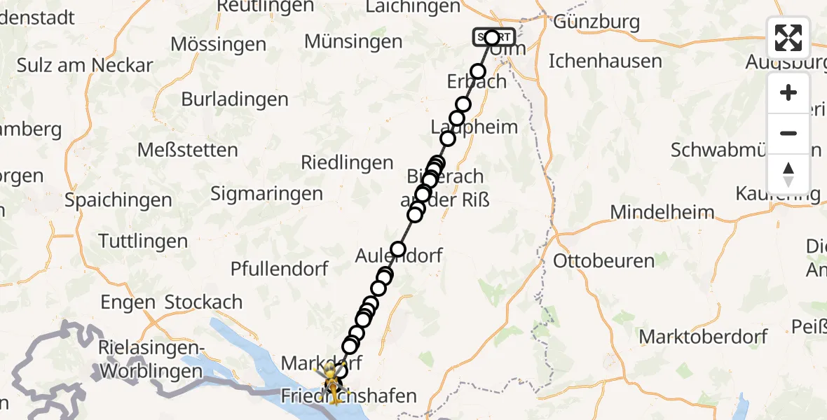 Flugroute Rettungshubschrauber Ulm Military Hospital Emergency - Friedrichshafen Hospital, 25 Juli 2026, 09:29