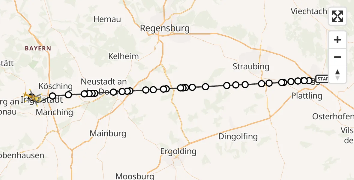 Flugroute Rettungshubschrauber Deggendorf - Ingolstadt Hospital, 25 Juli 2026, 09:33