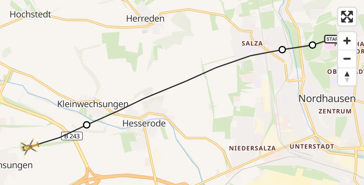 Flugroute Rettungshubschrauber Südharz Hospital Nordhausen - Werther, 25 Juli 2026, 09:36
