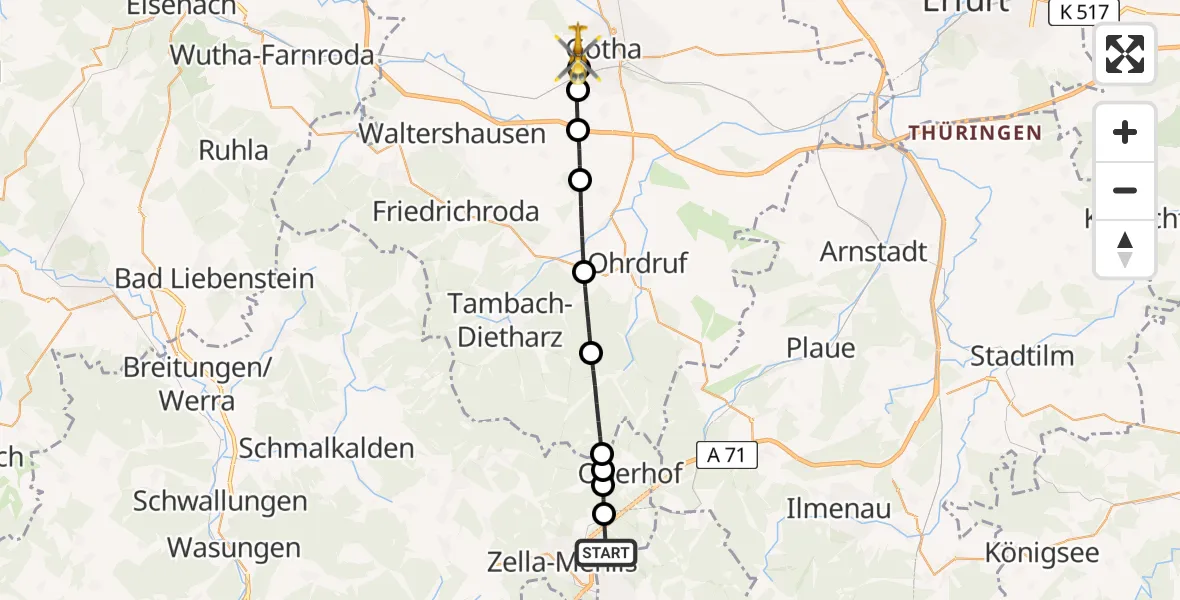 Flugroute Rettungshubschrauber Suhl - Gotha, 25 Juli 2026, 09:40