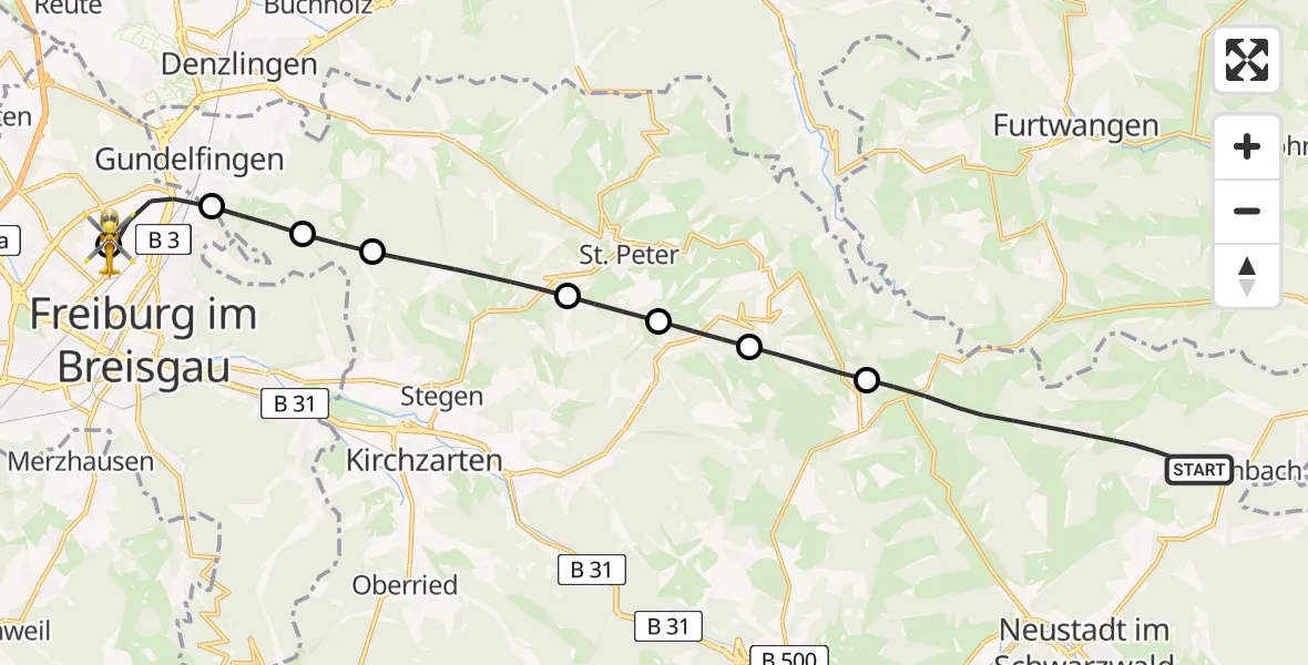 Flugroute Ambulanzhubschrauber Titisee-Neustadt - Freiburg im Breisgau Flugplatz, 25 Juli 2026, 09:42