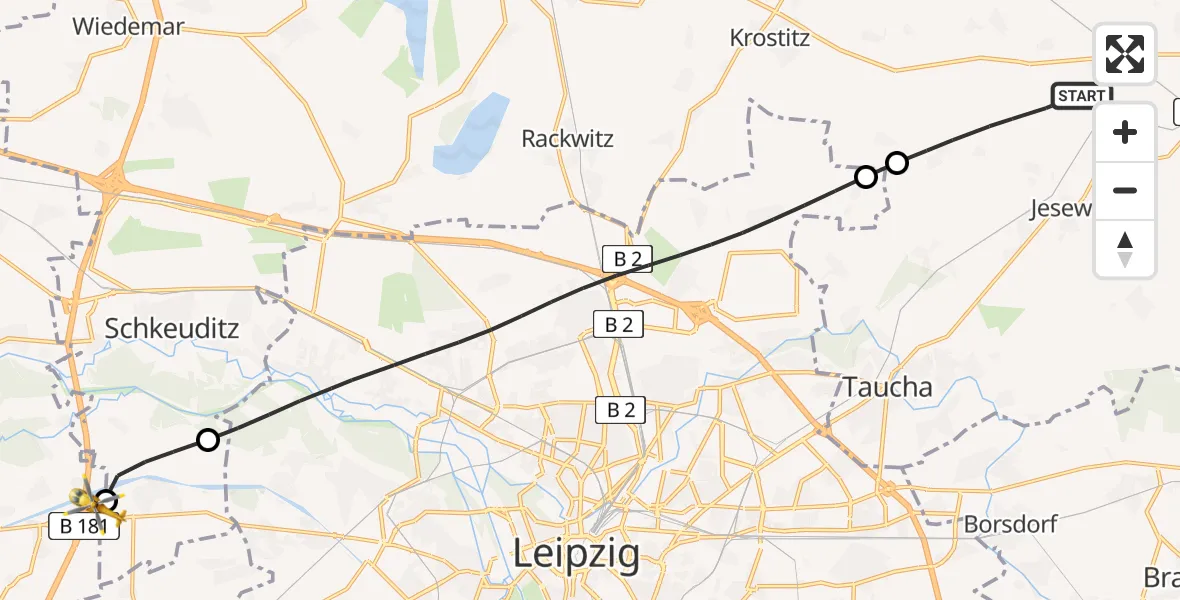 Flugroute Rettungshubschrauber Jesewitz - ADAC Air Rescue Station Leipzig/Schkeuditz-Dölzig Hubschrauberlandeplatz (Christoph 61), 25 Juli 2026, 09:49
