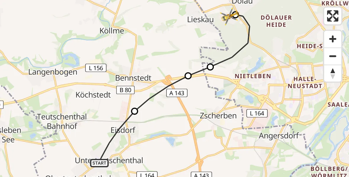 Flugroute Rettungshubschrauber Teutschenthal - Martha-Maria Halle-Dölau Hospital, 25 Juli 2026, 09:49