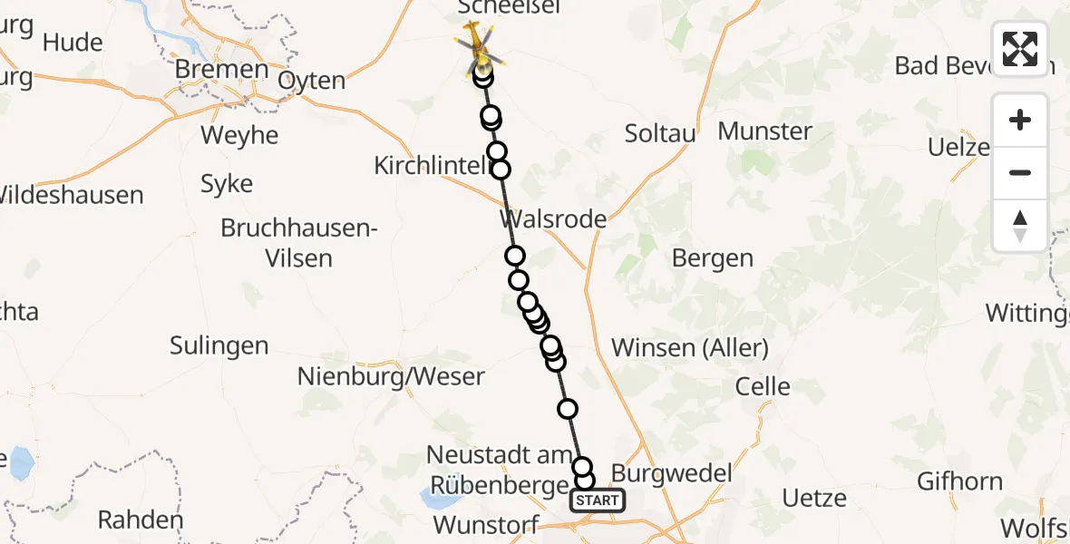 Flugroute Rettungshubschrauber Flughafen Hannover - Rotenburg (Wümme), 25 Juli 2026, 09:50