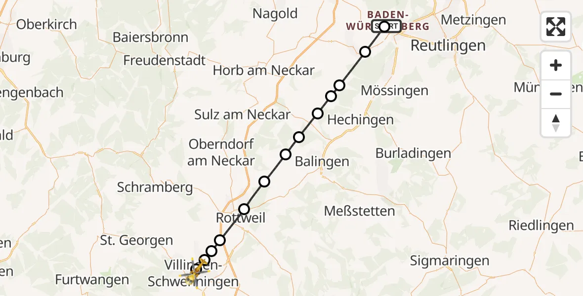 Flugroute Ambulanzhubschrauber Tübingen University Hospital - DRF Air Rescue Station Villingen-Schwenningen Hubschrauberlandeplatz (Christoph 11), 25 Juli 2026, 09:50