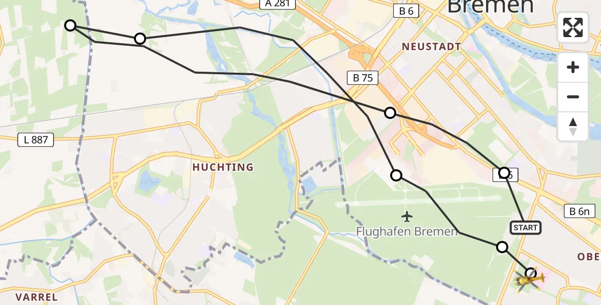 Flugroute Rettungshubschrauber Bremen - ADAC Air Rescue Station Bremen Hubschrauberlandeplatz (Christoph 6), 25 Juli 2026, 09:51