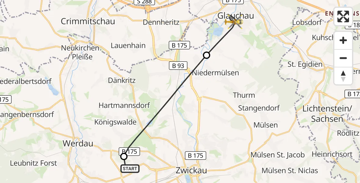Flugroute Rettungshubschrauber ADAC Air Rescue Station Zwickau Hubschrauberlandeplatz - Glauchau, 25 Juli 2026, 09:53