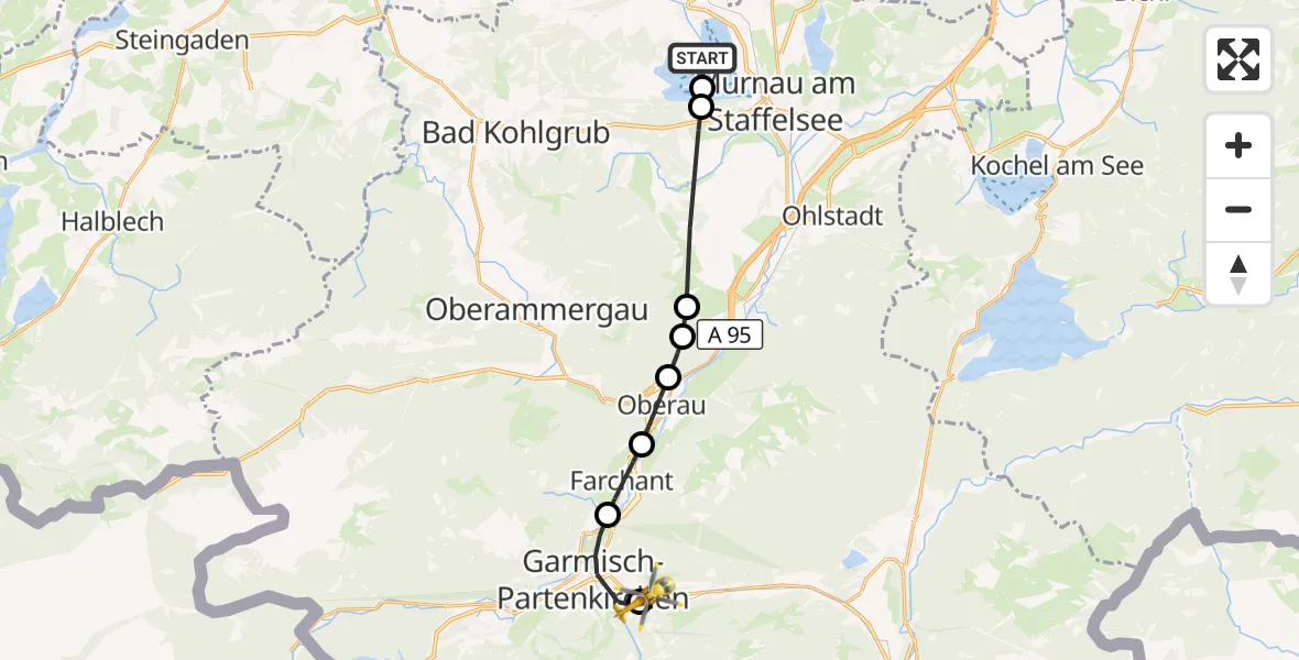 Flugroute Rettungshubschrauber Uffing a.Staffelsee - Garmisch-Partenkirchen Clinic Hubschrauberlandeplatz, 25 Juli 2026, 09:54