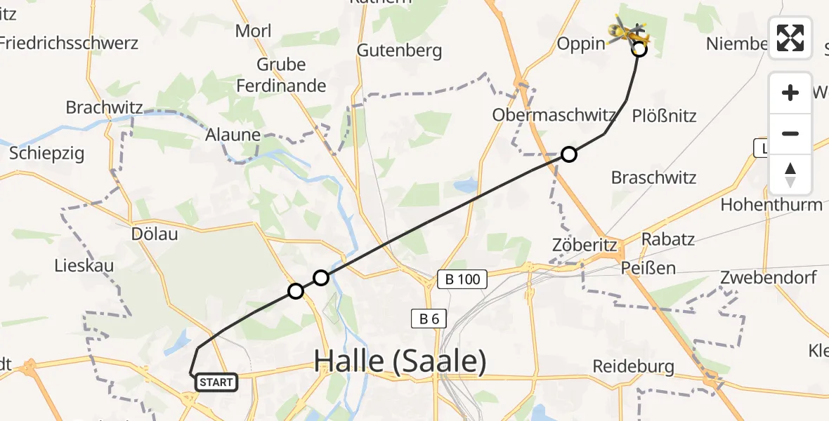 Flugroute Rettungshubschrauber Halle (Saale) - Halle-Oppin Flugplatz, 25 Juli 2026, 09:54