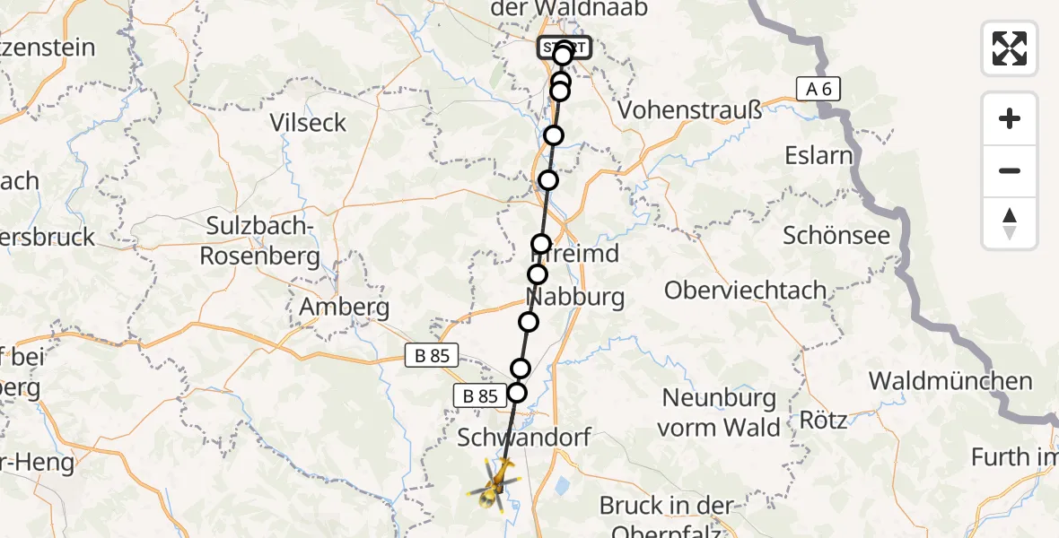 Flugroute Ambulanzhubschrauber Weiden Hospital - Schwandorf, 25 Juli 2026, 09:55