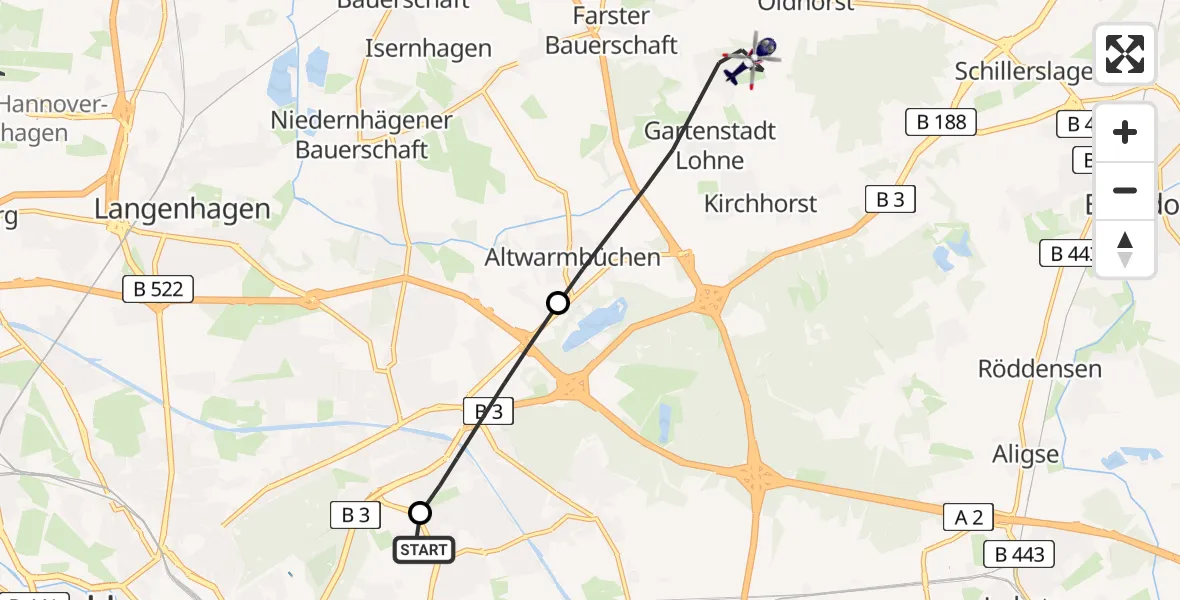 Flugroute Polizeihubschrauber Hannover Luftrettung Hubschrauberlandeplatz (Christoph 4) - Isernhagen, 25 Juli 2026, 09:59