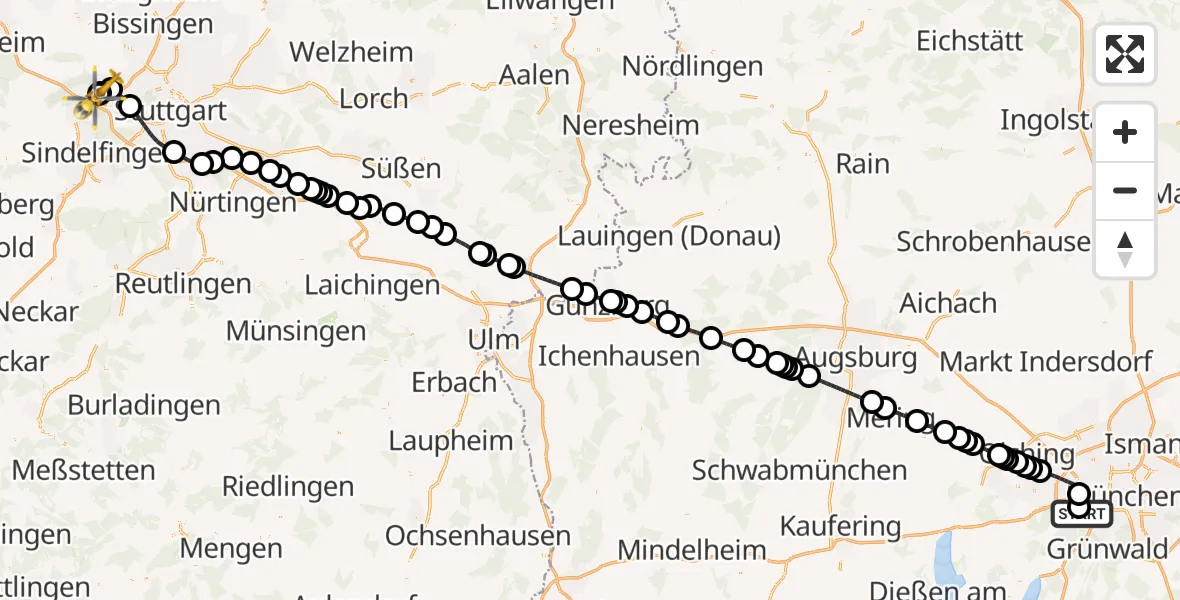Flugroute Rettungshubschrauber DRF Air Rescue München Hubschrauberlandeplatz - Leonberg Hospital, 25 Juli 2026, 10:09