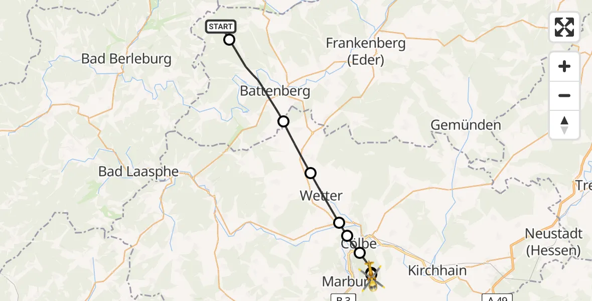 Flugroute Rettungshubschrauber Allendorf (Eder) - Marburg University Hospital Rooftop, 25 Juli 2026, 10:09