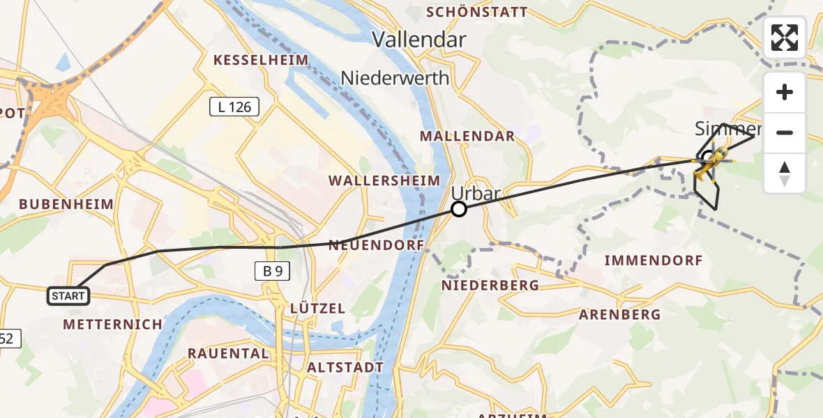 Flugroute Rettungshubschrauber Koblenz - Simmern, 25 Juli 2026, 10:10