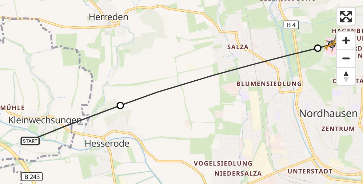 Flugroute Rettungshubschrauber Werther - Südharz Hospital Nordhausen, 25 Juli 2026, 10:10