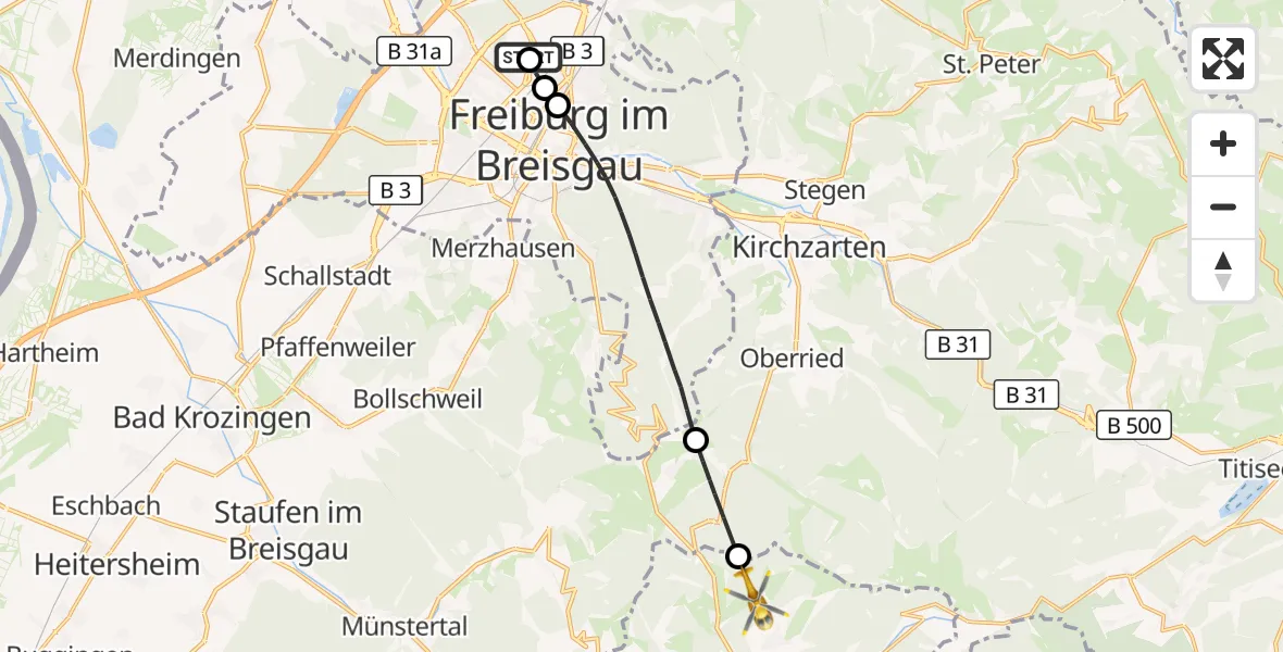 Flugroute Ambulanzhubschrauber Freiburg im Breisgau Flugplatz - Todtnau, 25 Juli 2026, 10:11