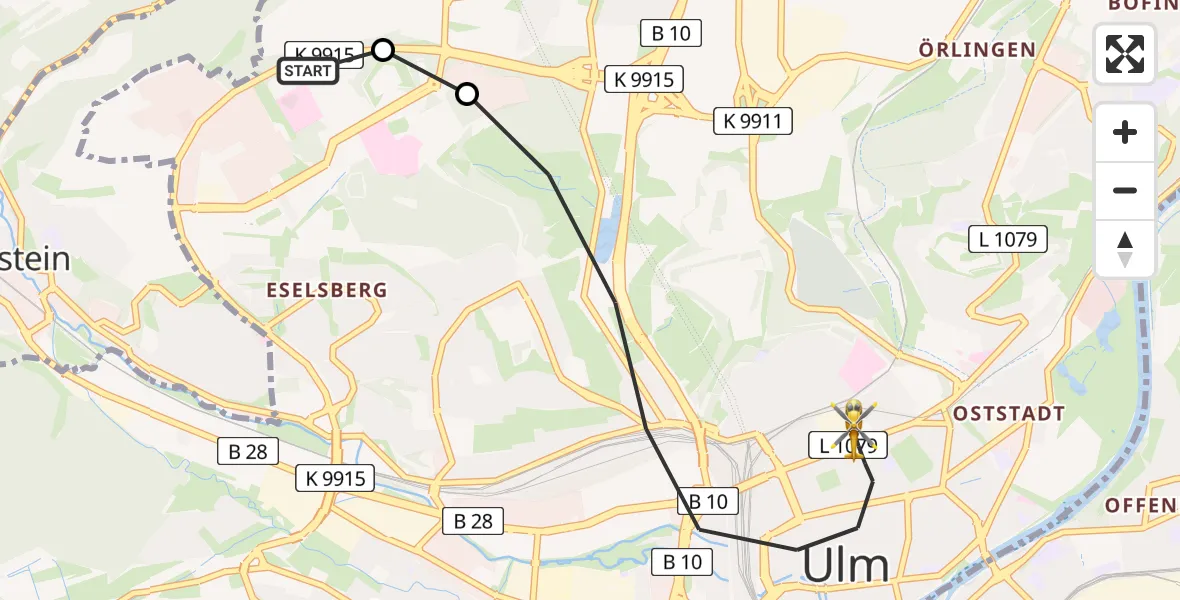 Flugroute Rettungshubschrauber Ulm Military Hospital Emergency - Ulm, 25 Juli 2026, 10:13