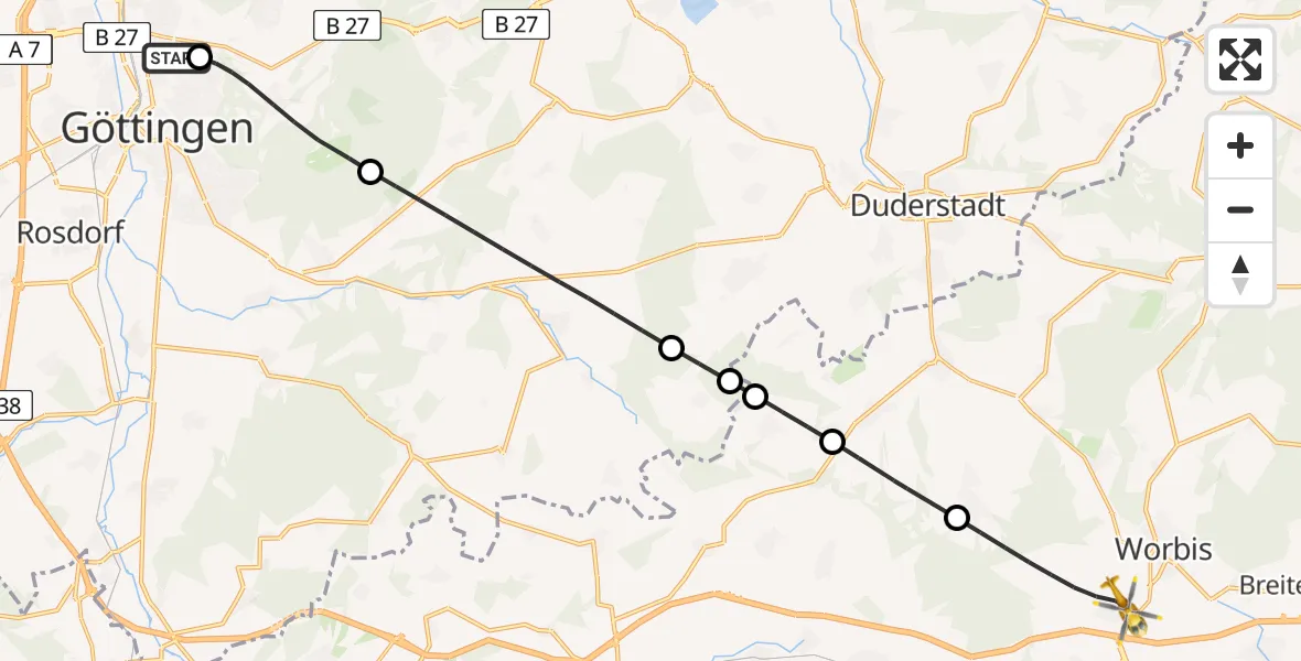 Flugroute Rettungshubschrauber Göttingen University Clinic Hubschrauberlandeplatz - Leinefelde-Worbis, 25 Juli 2026, 10:14