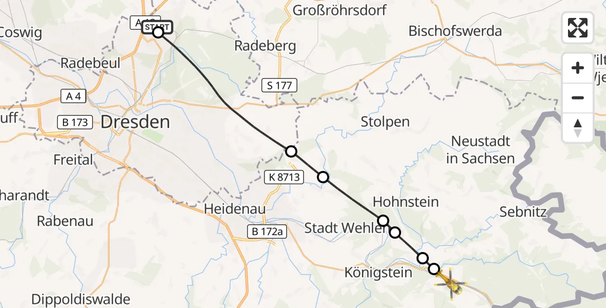 Flugroute Rettungshubschrauber Dresden Flughafen - Bad Schandau, 25 Juli 2026, 10:17