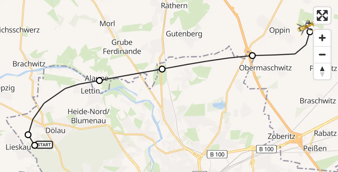 Flugroute Rettungshubschrauber Martha-Maria Halle-Dölau Hospital - Halle-Oppin Flugplatz, 25 Juli 2026, 10:25