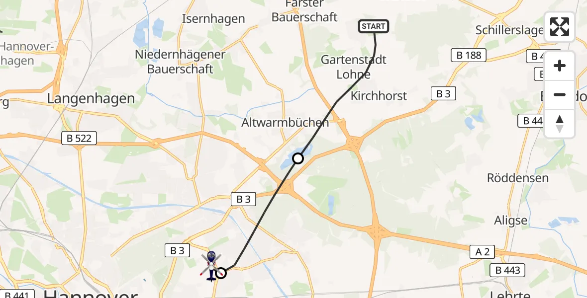 Flugroute Polizeihubschrauber Isernhagen - Hannover Luftrettung Hubschrauberlandeplatz (Christoph 4), 25 Juli 2026, 10:26