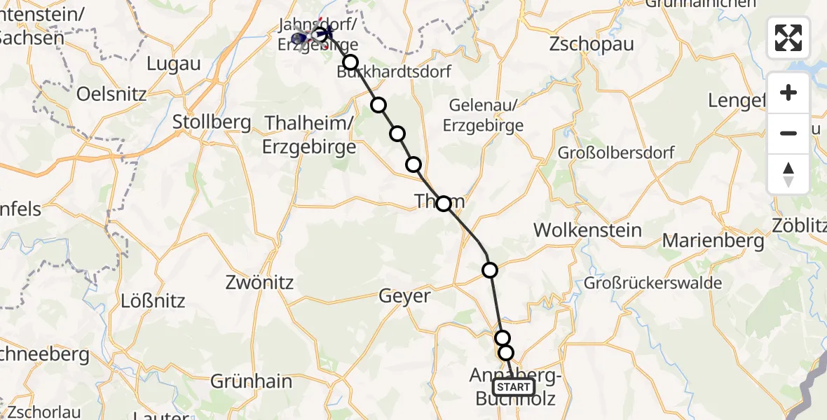 Flugroute Polizeihubschrauber Annaberg-Buchholz - Jahnsdorf/Erzgeb., 25 Juli 2026, 10:27