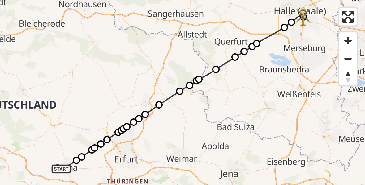 Flugroute Rettungshubschrauber Gotha - BG Hospital Bergmannstrost Halle, 25 Juli 2026, 10:30