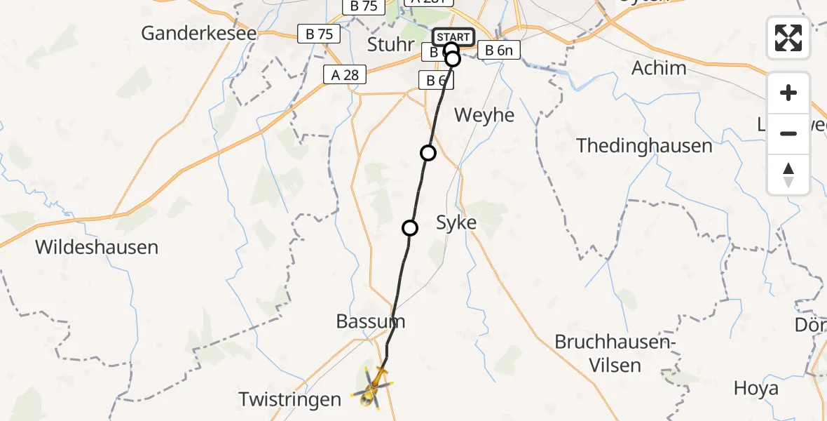Flugroute Rettungshubschrauber ADAC Air Rescue Station Bremen Hubschrauberlandeplatz (Christoph 6) - Bassum, 25 Juli 2026, 10:35