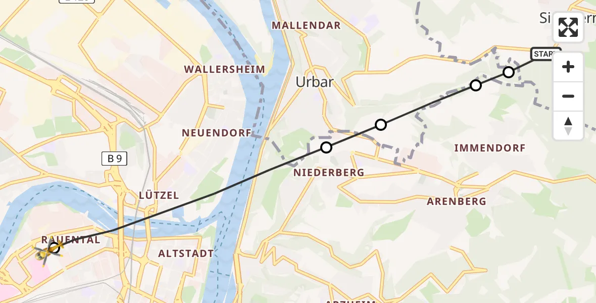 Flugroute Rettungshubschrauber Simmern - Katholisches Klinikum Marienhof Koblenz Hubschrauberlandeplatz, 25 Juli 2026, 10:37