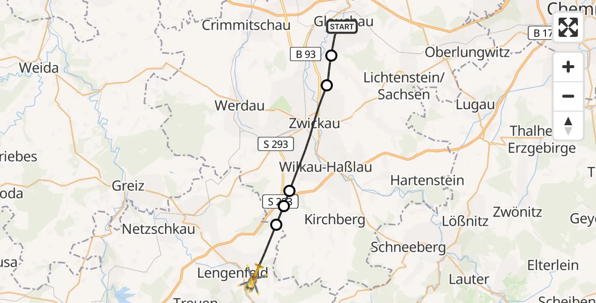 Flugroute Rettungshubschrauber Glauchau - Lengenfeld, 25 Juli 2026, 10:40