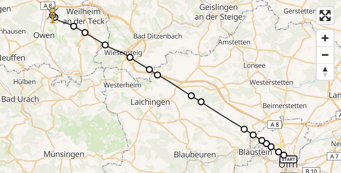 Flugroute Rettungshubschrauber Ulm - Dettingen unter Teck, 25 Juli 2026, 10:41