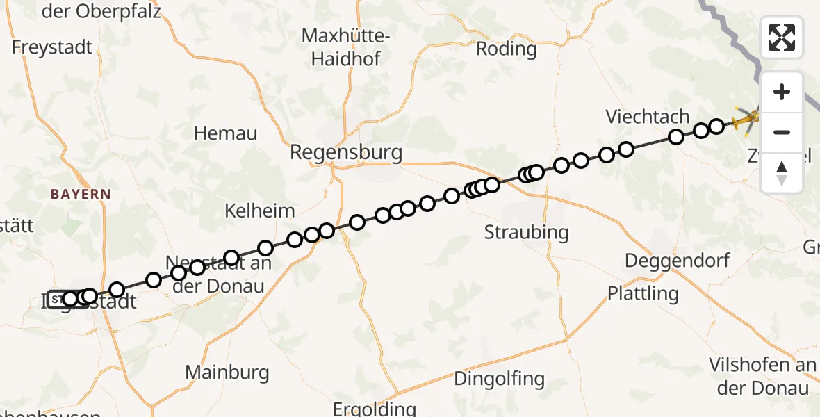 Flugroute Rettungshubschrauber Ingolstadt Hospital - Bodenmais, 25 Juli 2026, 10:45