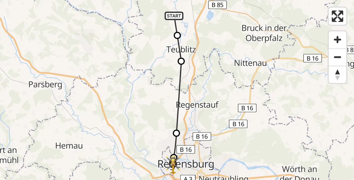 Flugroute Ambulanzhubschrauber Schwandorf - Barmherzige Brüder (Brothers of Mercy) Hospital Regensburg, 25 Juli 2026, 10:50
