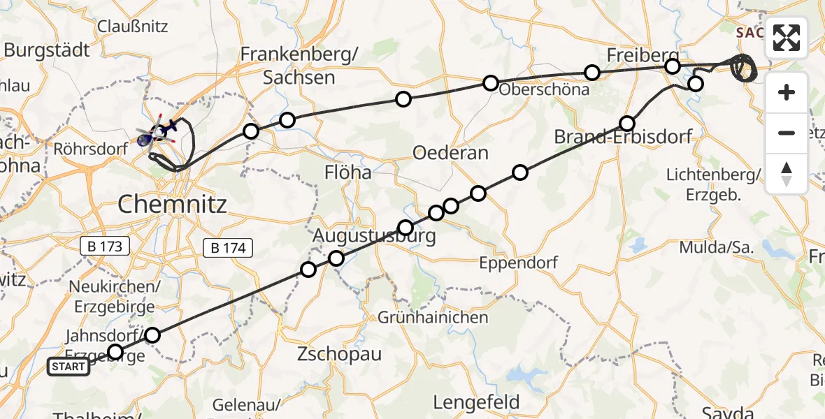 Flugroute Polizeihubschrauber Jahnsdorf/Erzgeb. - Chemnitz-Glösa Industrial Park Hubschrauberlandeplatz, 25 Juli 2026, 10:51