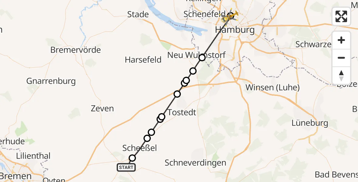 Flugroute Rettungshubschrauber Rotenburg (Wümme) - Universitätsklinikum Hamburg-Eppendorf Hubschrauberlandeplatz, 25 Juli 2026, 10:55