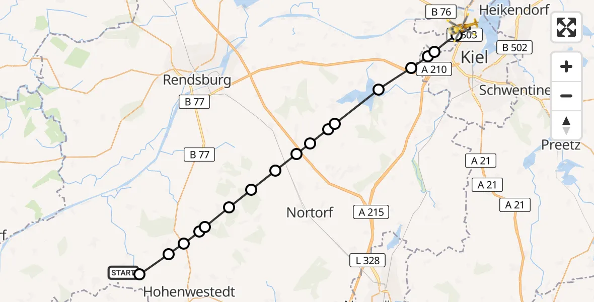 Flugroute Ambulanzhubschrauber Beringstedt - Kiel, 25 Juli 2026, 11:01