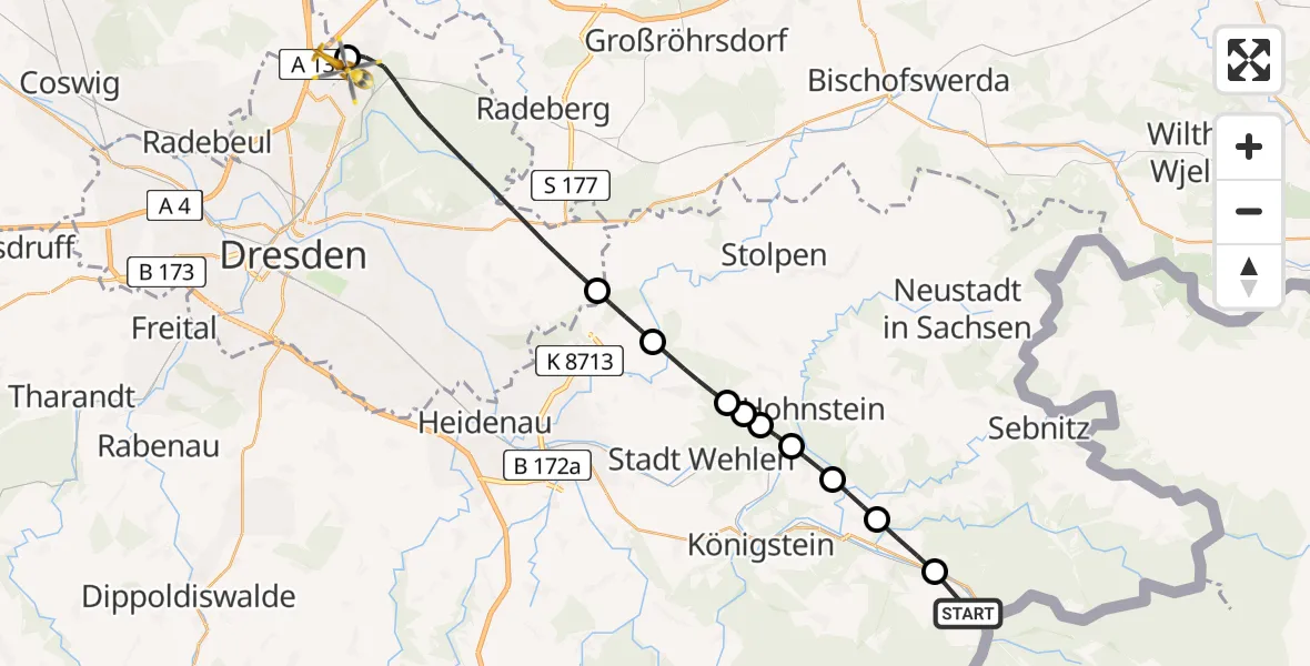Flugroute Rettungshubschrauber Reinhardtsdorf-Schöna - Dresden Bundespolizei Hubschrauberlandeplatz, 25 Juli 2026, 11:10