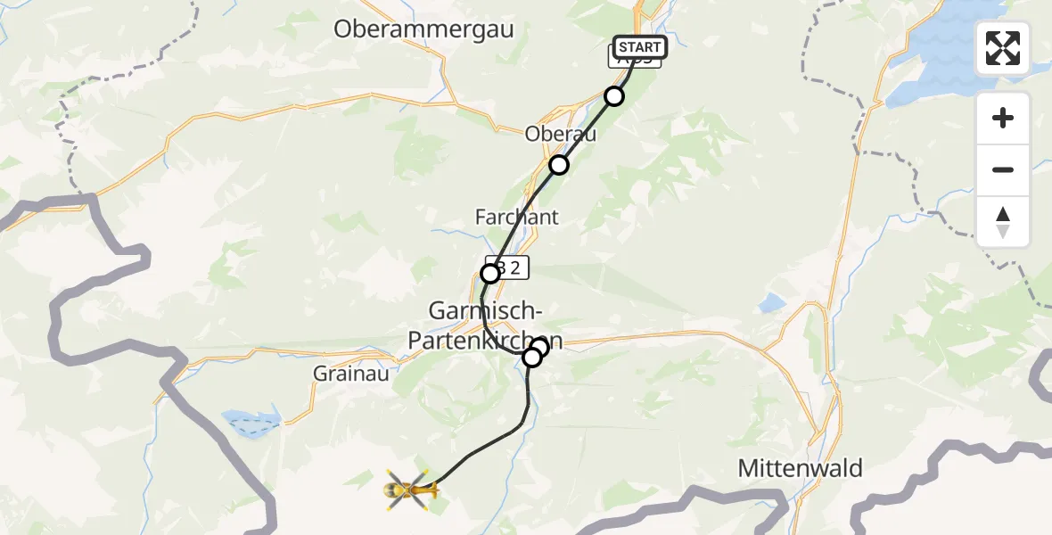 Flugroute Rettungshubschrauber Eschenlohe - Garmisch-Partenkirchen, 25 Juli 2026, 11:15