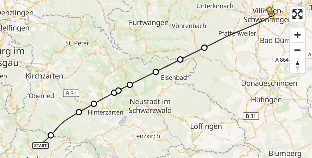 Flugroute Ambulanzhubschrauber Todtnau - DRF Air Rescue Station Villingen-Schwenningen Hubschrauberlandeplatz (Christoph 11), 25 Juli 2026, 11:19
