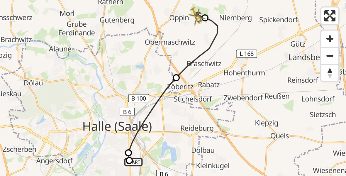 Flugroute Rettungshubschrauber BG Hospital Bergmannstrost Halle - Halle-Oppin Flugplatz, 25 Juli 2026, 11:22