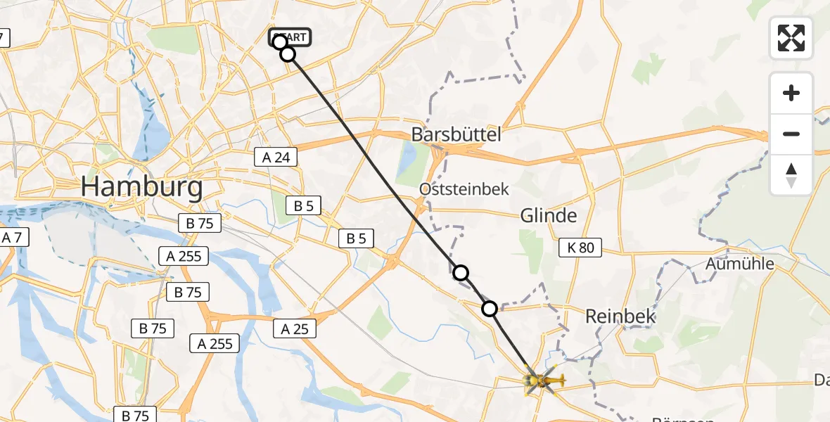 Flugroute Rettungshubschrauber Hamburg Military Hospital - Hamburg, 25 Juli 2026, 11:24