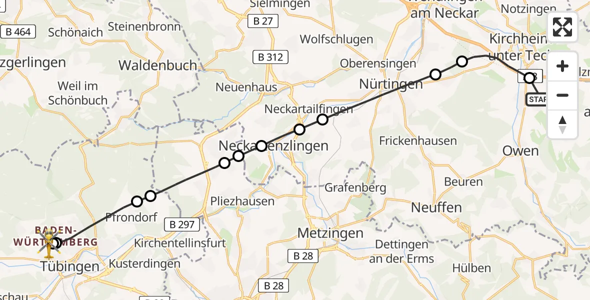 Flugroute Rettungshubschrauber Dettingen unter Teck - Tübingen Trauma Hospital, 25 Juli 2026, 11:25