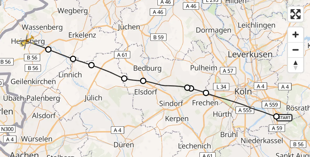 Flugroute Ambulanzhubschrauber Köln Bonn Flughafen - Heinsberg, 25 Juli 2026, 11:27