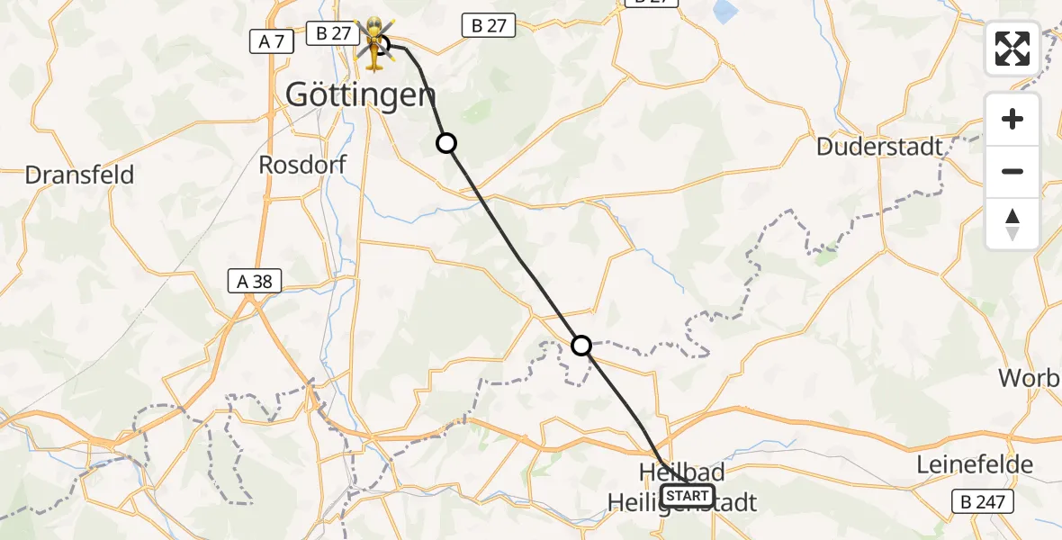 Flugroute Rettungshubschrauber Heilbad Heiligenstadt - Göttingen University Clinic Hubschrauberlandeplatz, 25 Juli 2026, 11:28