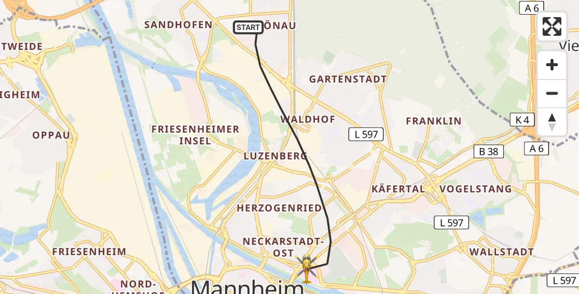 Flugroute Rettungshubschrauber Mannheim - Mannheim, 25 Juli 2026, 11:30