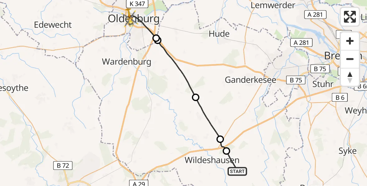 Flugroute Rettungshubschrauber Winkelsett - Oldenburg (Oldb), 25 Juli 2026, 11:31