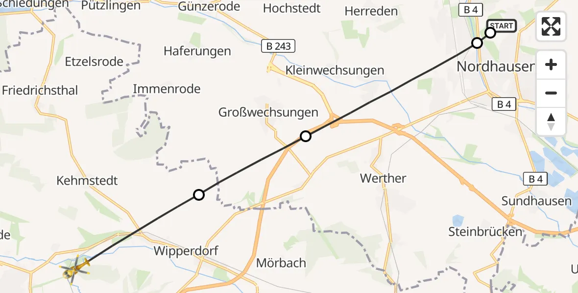Flugroute Rettungshubschrauber Südharz Hospital Nordhausen - Bleicherode, 25 Juli 2026, 11:32
