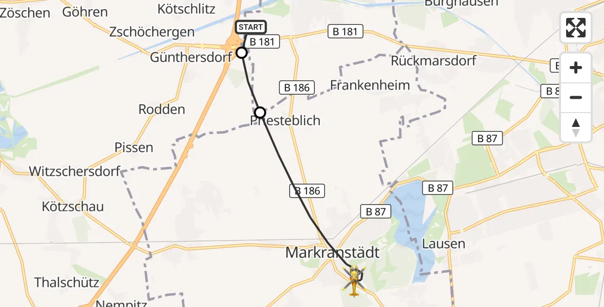 Flugroute Rettungshubschrauber ADAC Air Rescue Station Leipzig/Schkeuditz-Dölzig Hubschrauberlandeplatz (Christoph 61) - Markranstädt, 25 Juli 2026, 11:33